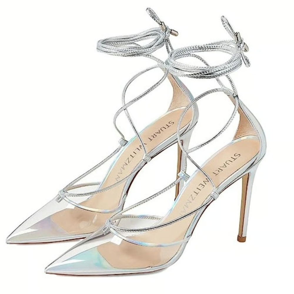 Stuart Weitzman Silver point Toe Stiletto Pumps Aurora. New With Damage